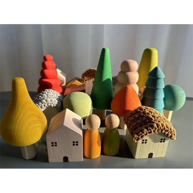 Kids Wooden Toys Pastel Building Blocks Stacking Crochet House  Animals Rainbow Forest Trees