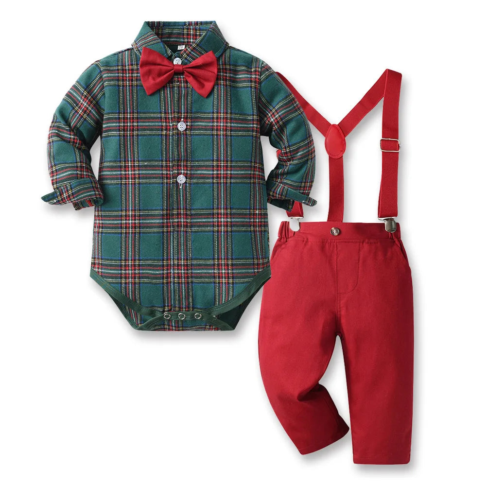 Toddler Boy Christmas Gentleman Outfit Toddler Kid Party Costume Suspender 4PCS Autumn Winter Clothes Baby Cotton Boutique Set