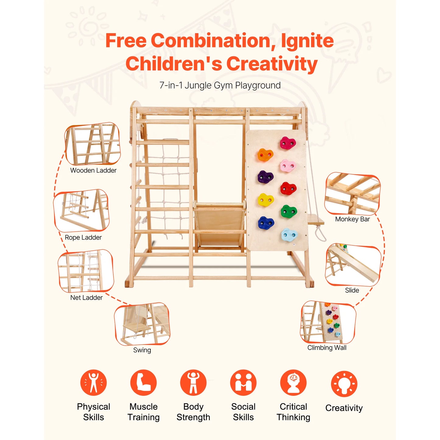 SucceBuy Indoor Jungle Gym 7-in-1 Toddler Indoor Playground with Wood and Rope Ladder Net Ladder Swing Monkey Bar Slide for Kids