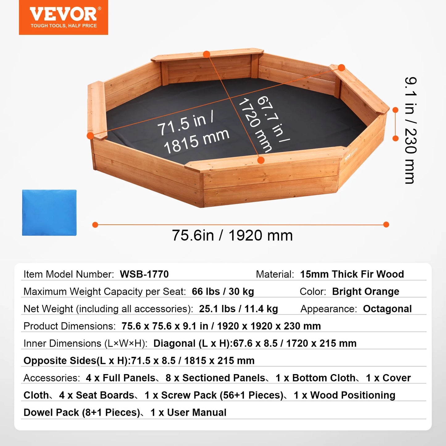 SucceBuy Sandbox with Cover in Square Sand Box Sand Pit with 4 Corner Seating and Bottom Liner Kids Sandbox for Outdoor for Kids