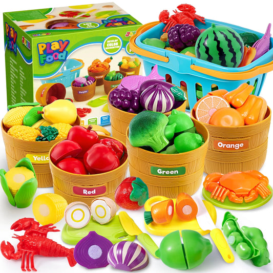 60 pcs Play Food Set for Kids Kitchen, Color Sorting Toy Food for Boys Girls Pretend Play Fake Food Toy for Toddlers