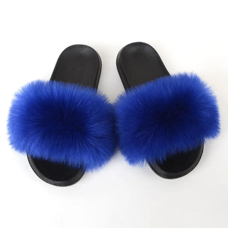 Children Slides Faux Fox Fur Slippers Kids Fluffy Raccoon Sandals Fashion Furry Home Flat Flip Flops Baby Girls Cute Plush Shoes