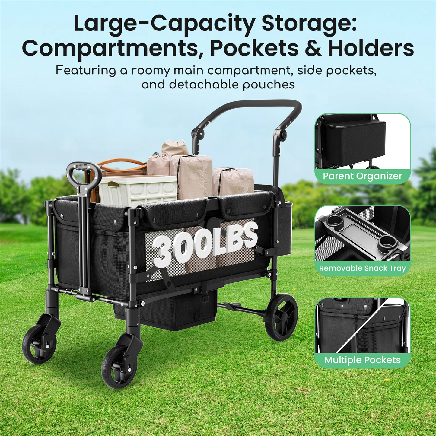 2 Seat Wagon Stroller For 2 Kids, Foldable All-Terrain Wagon for Toddler with Canopy 220 lbs Capacity