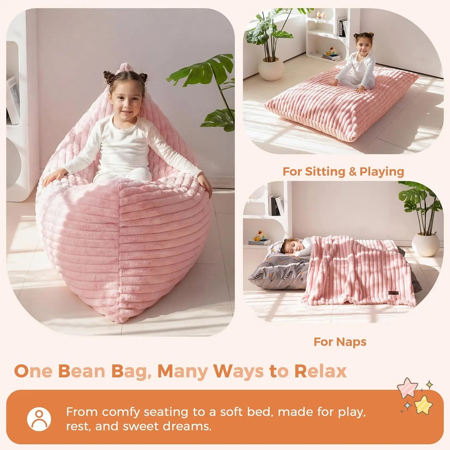 AXYOYO 3 in 1 Kids Bean Bag Chair, Comfy Floor Sofa with Removed Cover | Soft Floor Couch with High-Density Foam Filling Conver