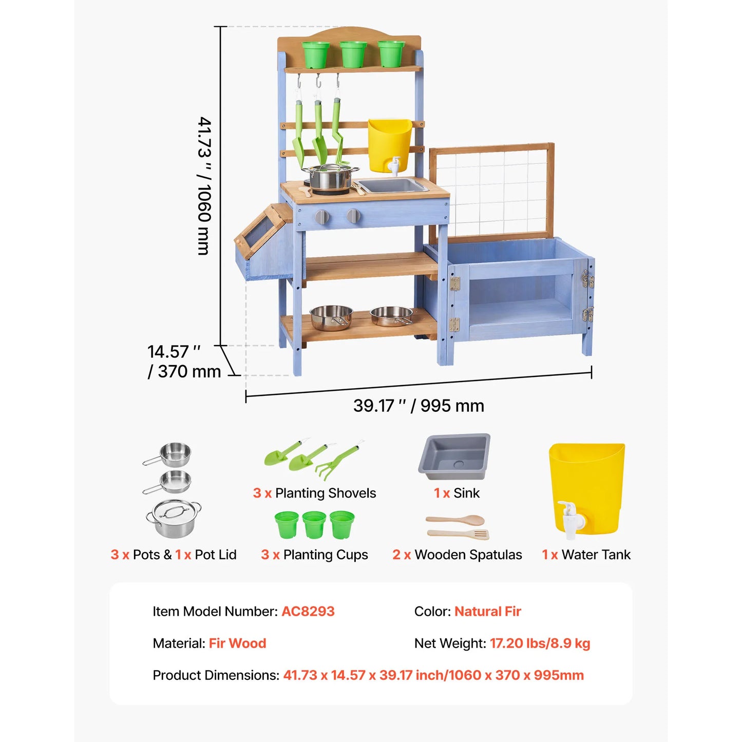 Mud Kitchen Wood Play Kitchens with Planting Box Critter Catcher Container Sink Cookware Pots and Accessories for Yard