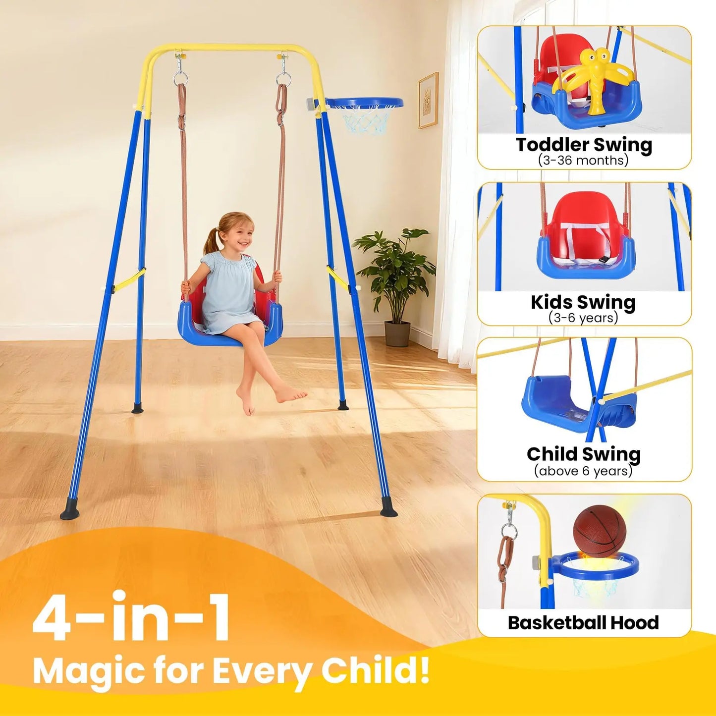 Toddler Swing Set Kids Playground Equipment Collapsible Metal Frame with Basketball Hoop Safety Belt Indoor Outdoor Toy for 6M+