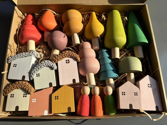 Kids Wooden Toys Pastel Building Blocks Stacking Crochet House  Animals Rainbow Forest Trees