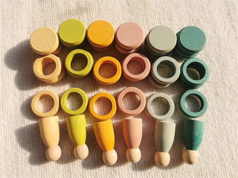 Kids Wooden Toys Beech Rainbow Coins and Rings Stacking Blocks with Peg Dolls Loose Parts
