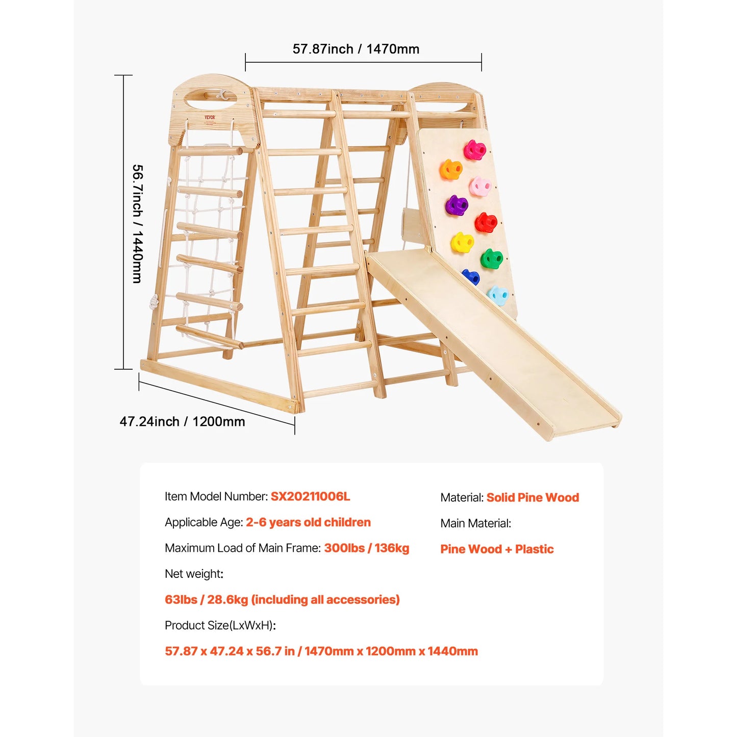 SucceBuy Indoor Jungle Gym 7-in-1 Toddler Indoor Playground with Wood and Rope Ladder Net Ladder Swing Monkey Bar Slide for Kids