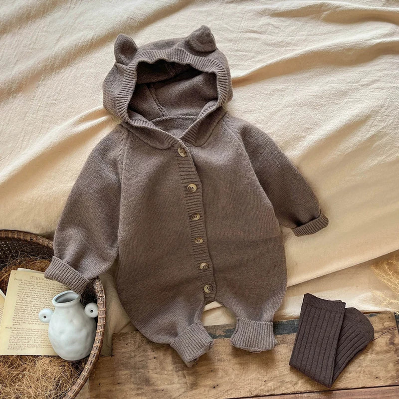 New Autumn Baby Romper Knitted Newborn Girls Jumpsuit Outfit Hooded Toddler Children Clothing Cartoon Bear Ears Knitted Clothing