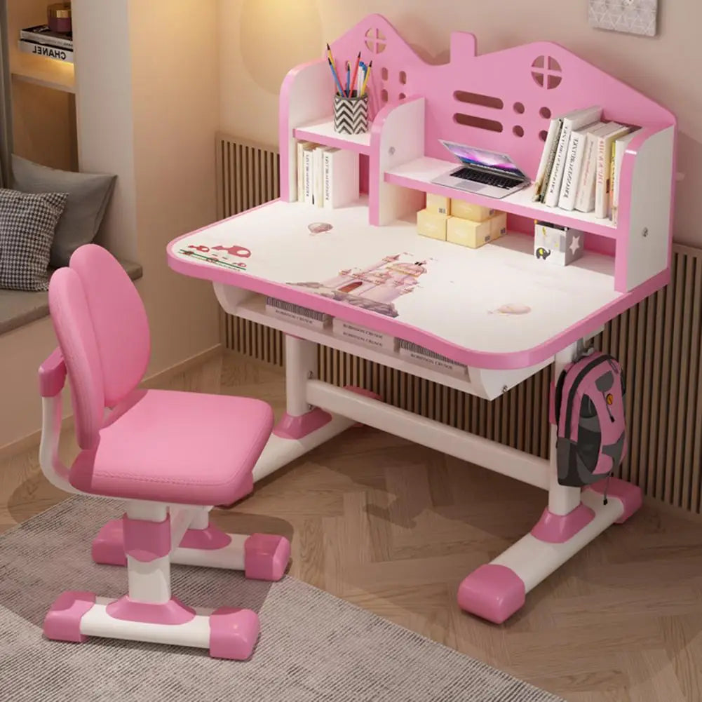 2Pcs/Set Study Desk Chair Set Cartoon Pattern Kids Adjustable Height Study Drawer Table with Chair Set