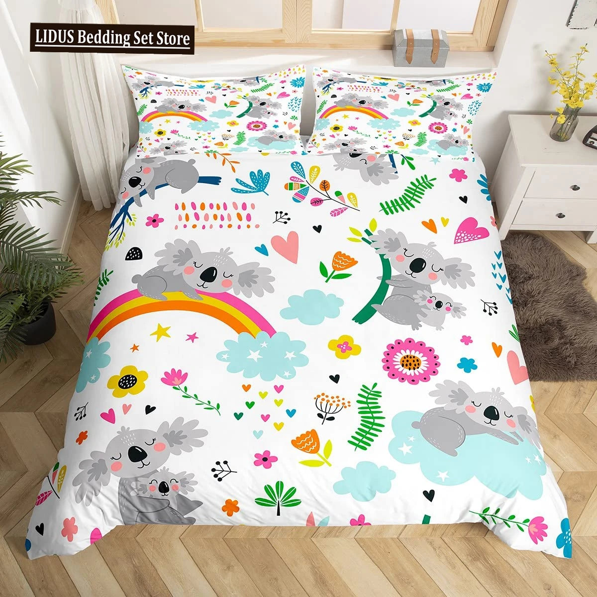 Koala Duvet Cover Set Children Cute Animal Print Bedding Set,Boys Girls Rainbow Butterfly Comforter Cover Floral Flowers Bed Set