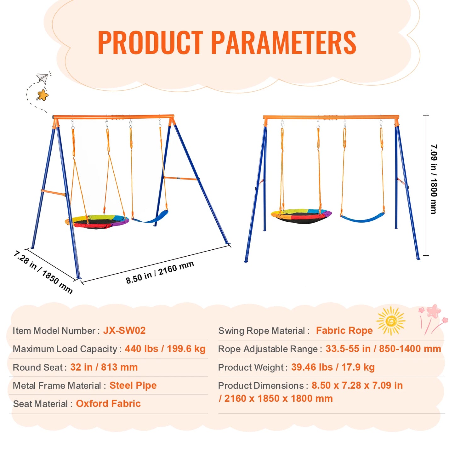 Swing Sets for Backyard 600lbs Capacity Swing Set with 1 Saucer Swing Seat 2 Belt Swing Seats Swingset Outdoor for Kids