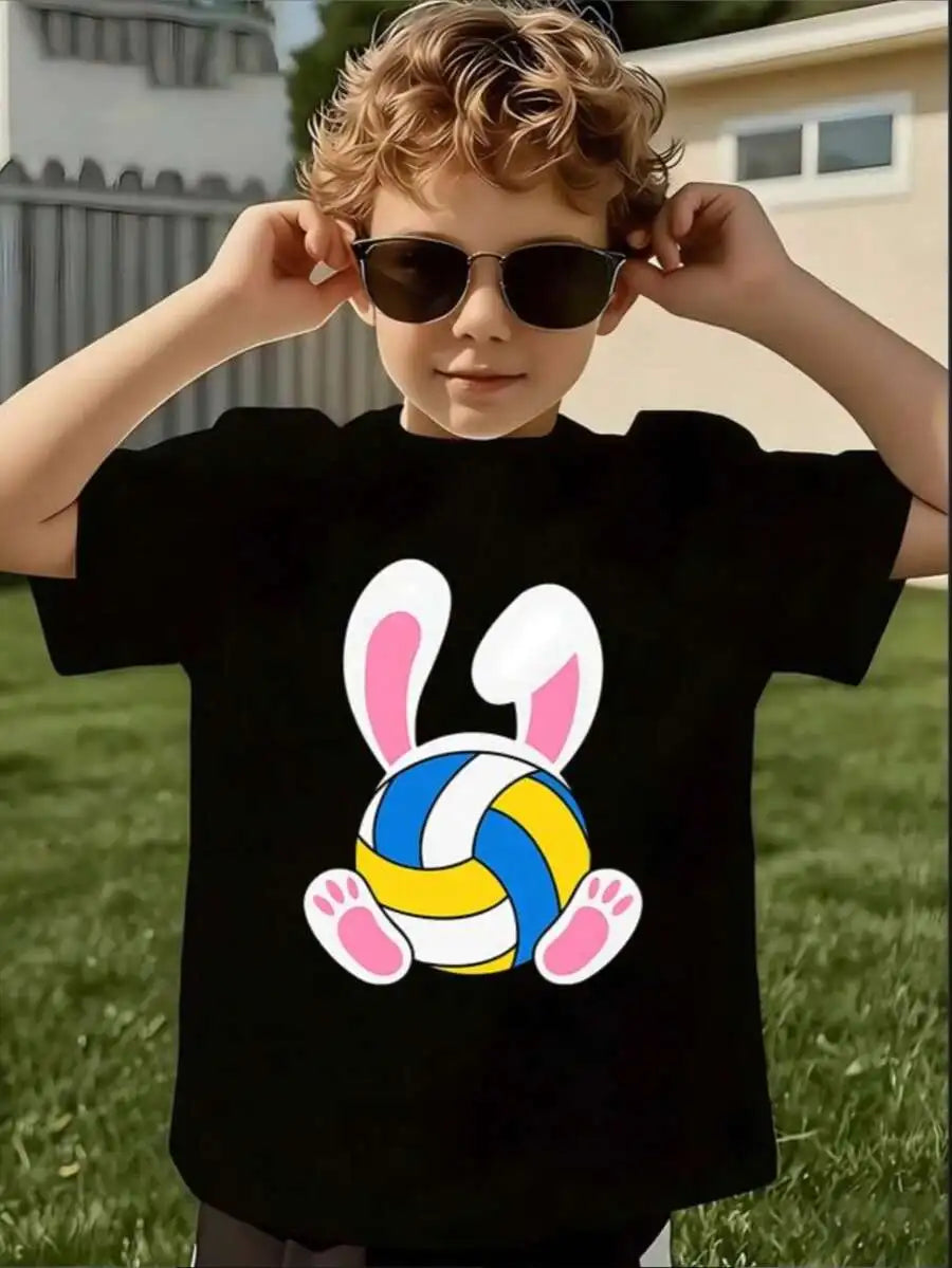 Cute Bunny Volleyball Graphic Tee For Boys, Adorable Print TShirt For Kids, Soft Pure Cotton, Perfect For Casual Wear & Sports E