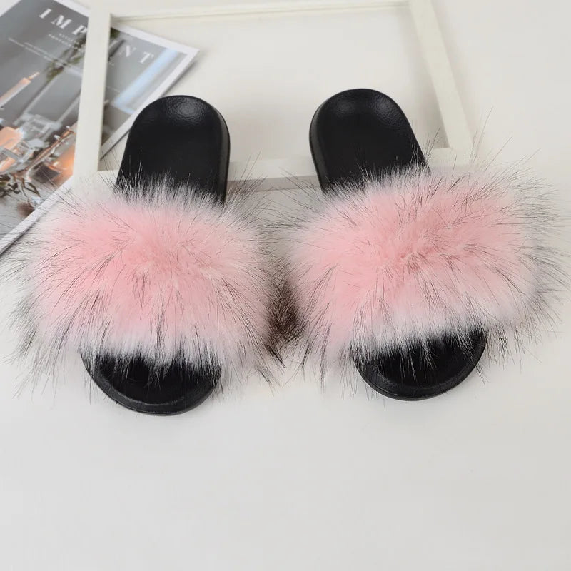 Children Slides Faux Fox Fur Slippers Kids Fluffy Raccoon Sandals Fashion Furry Home Flat Flip Flops Baby Girls Cute Plush Shoes