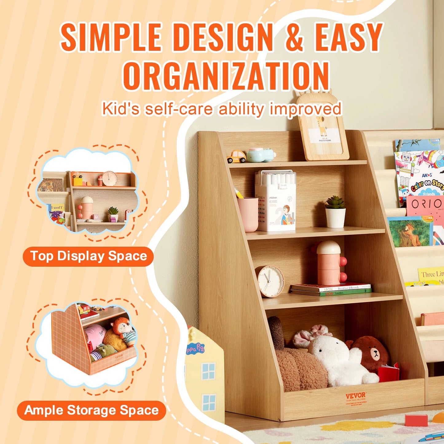 4-Tier Kids Wooden Bookshelf Six-Layer Sling Bookcase  Storage Book Rack for Kids Room Playroom Kindergarten Nursery