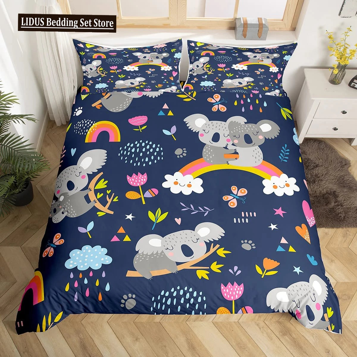 Koala Duvet Cover Set Children Cute Animal Print Bedding Set,Boys Girls Rainbow Butterfly Comforter Cover Floral Flowers Bed Set