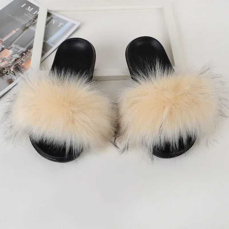 Children Slides Faux Fox Fur Slippers Kids Fluffy Raccoon Sandals Fashion Furry Home Flat Flip Flops Baby Girls Cute Plush Shoes