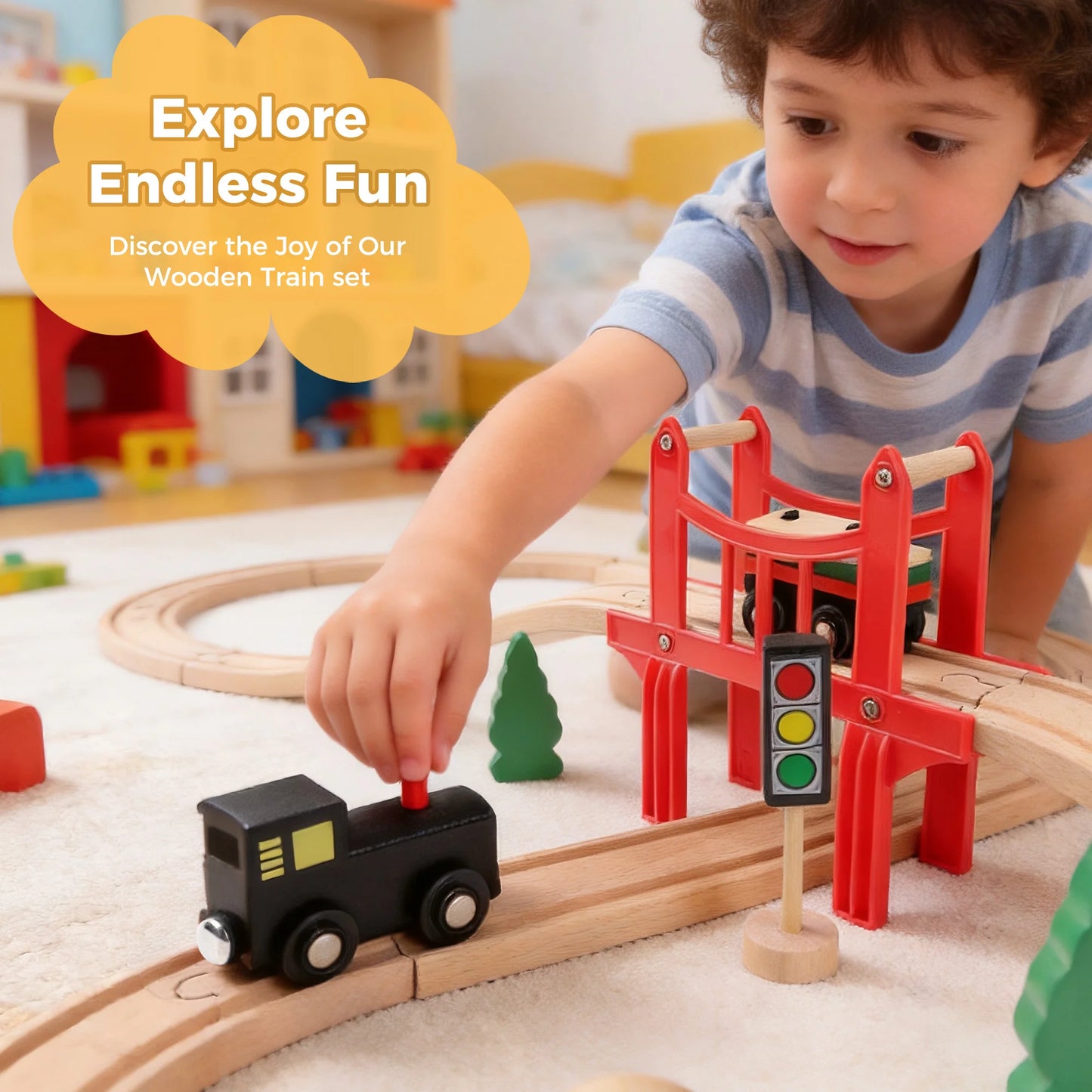 Wooden Train Set for Toddler, 39 Pcs Wooden Train Track Fits Thomas,  Expandable