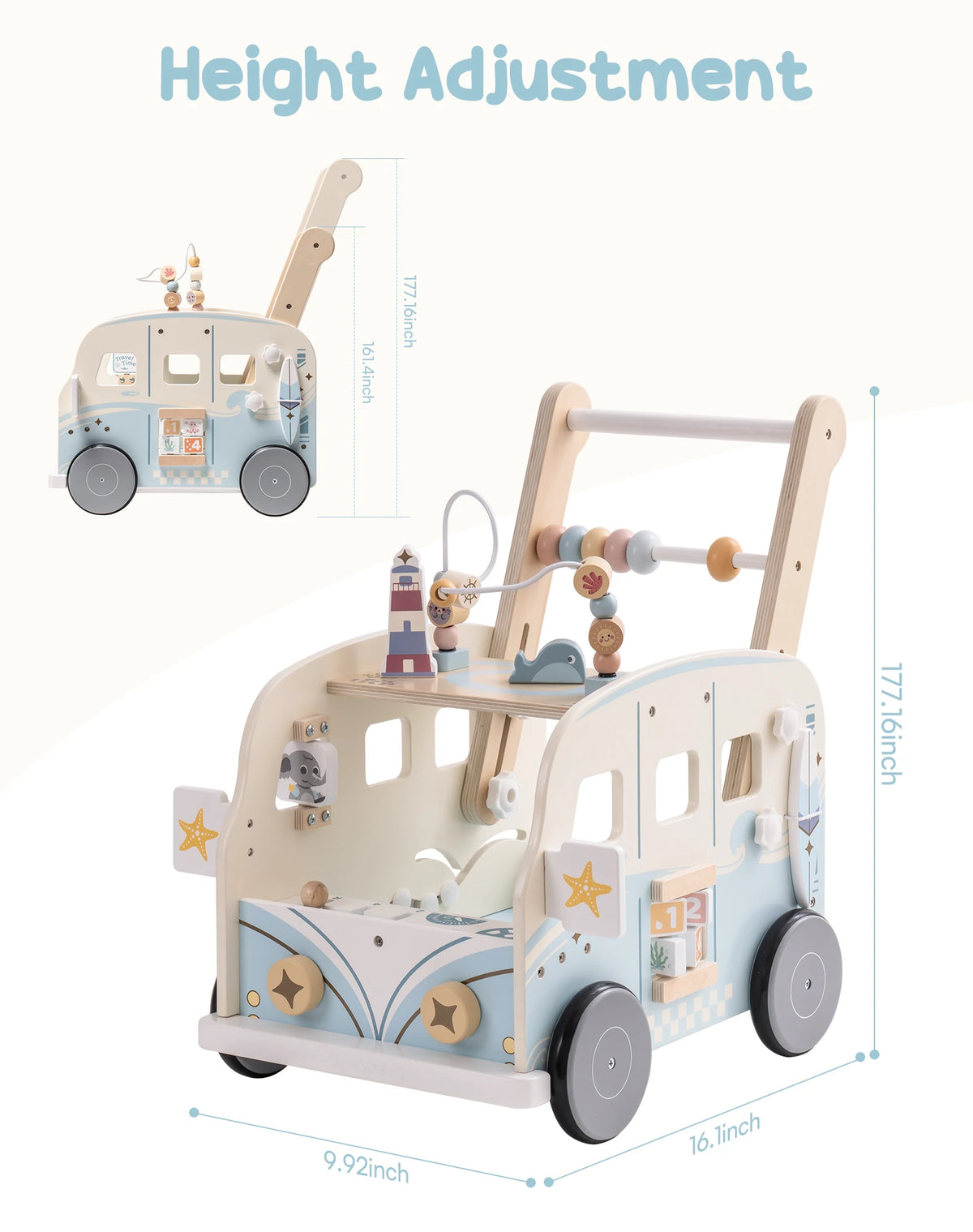 Blue Bus Baby Theme Activity Walker Push Walker Develop Motor Skills Imagination Perfect Birthday Gift for Toddlers