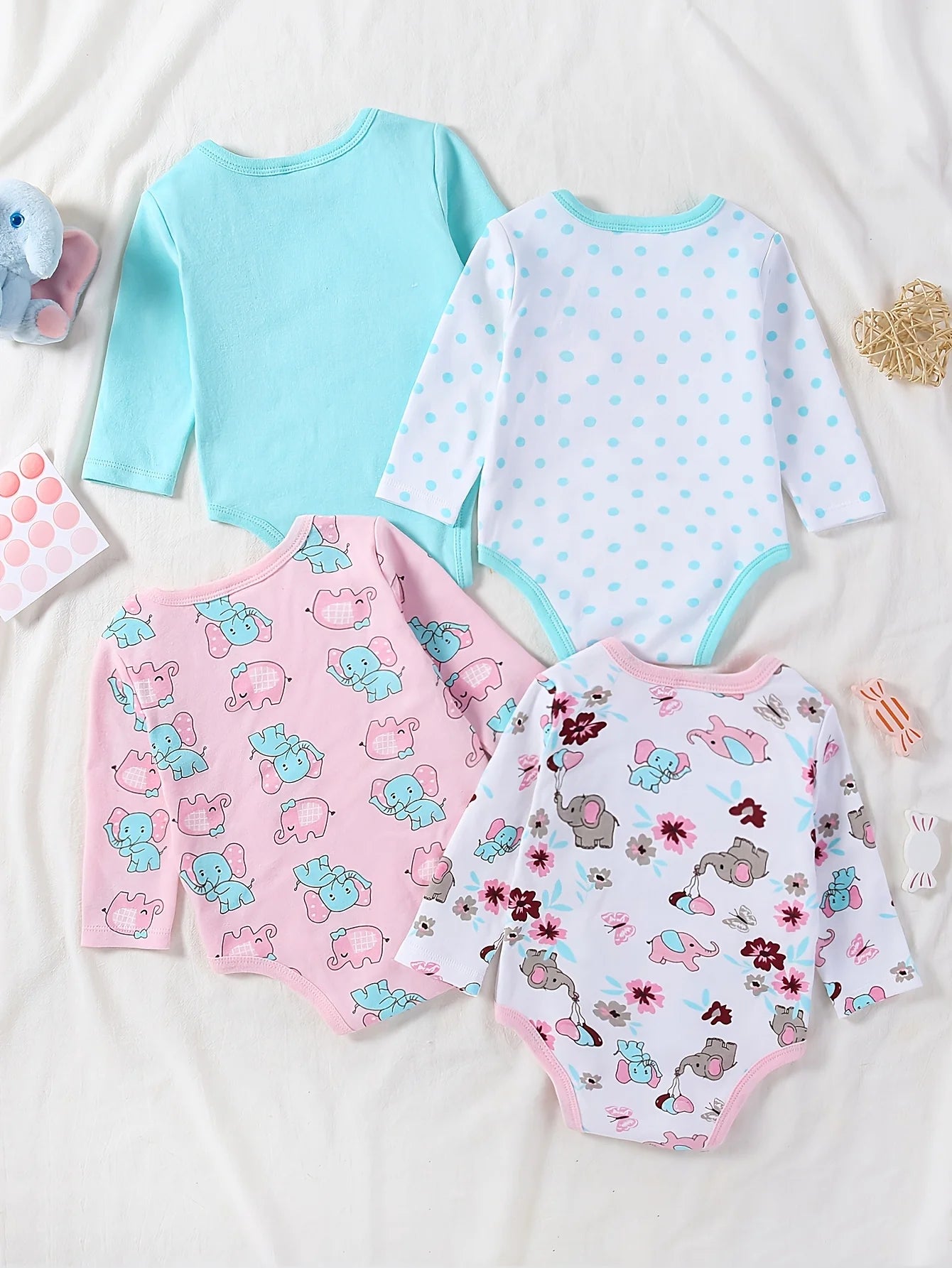 4-pc Baby Girl Long Sleeve Bodysuits, Round Neck Rompers with Cute Elephant Print, Soft Skin-Friendly Outfits for Spring And Autumn, Newborn Essentials |, for Outdoor