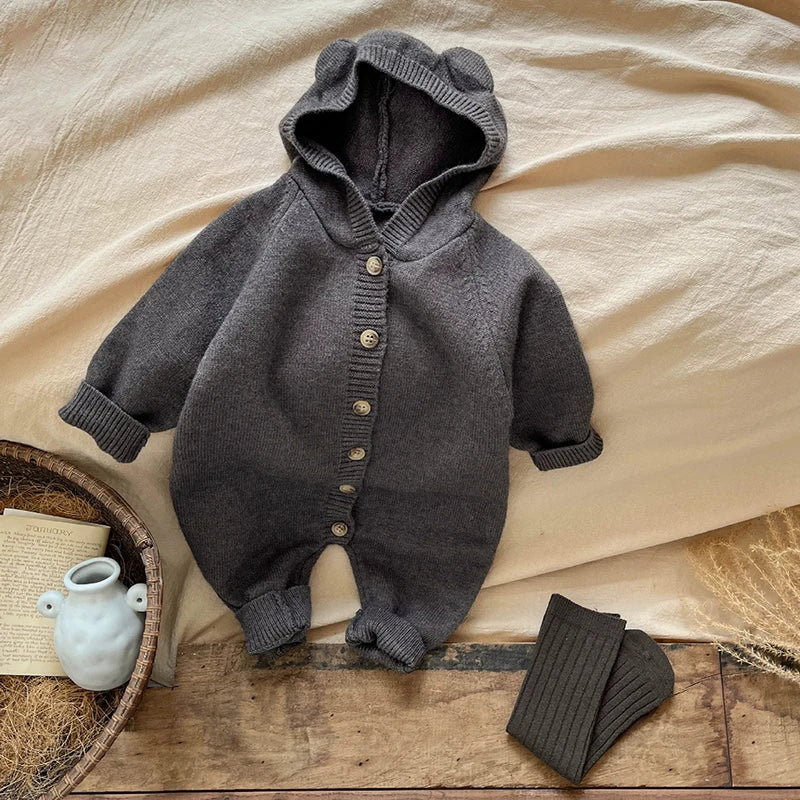 New Autumn Baby Romper Knitted Newborn Girls Jumpsuit Outfit Hooded Toddler Children Clothing Cartoon Bear Ears Knitted Clothing