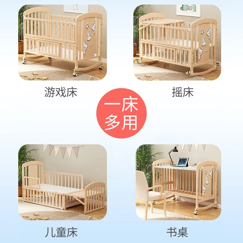 Wood Baby Crib with Diaper Table Newborn Baby Bed Multifunctional Baby Rocking Bed with Wheels and Mosquito Net