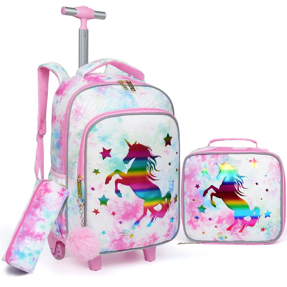 3PCS Kids travel bag, Luggage Bag, Bookbag with wheels, With Lunch Box And Pen Bag, Pink Cartoon Unicorn, Nighttime reflective
