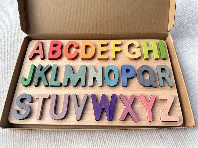 Montessori Wooden Tray  Rainbow Alphabet Puzzle Pastel ABC Learn Letters Educational Board for Kids
