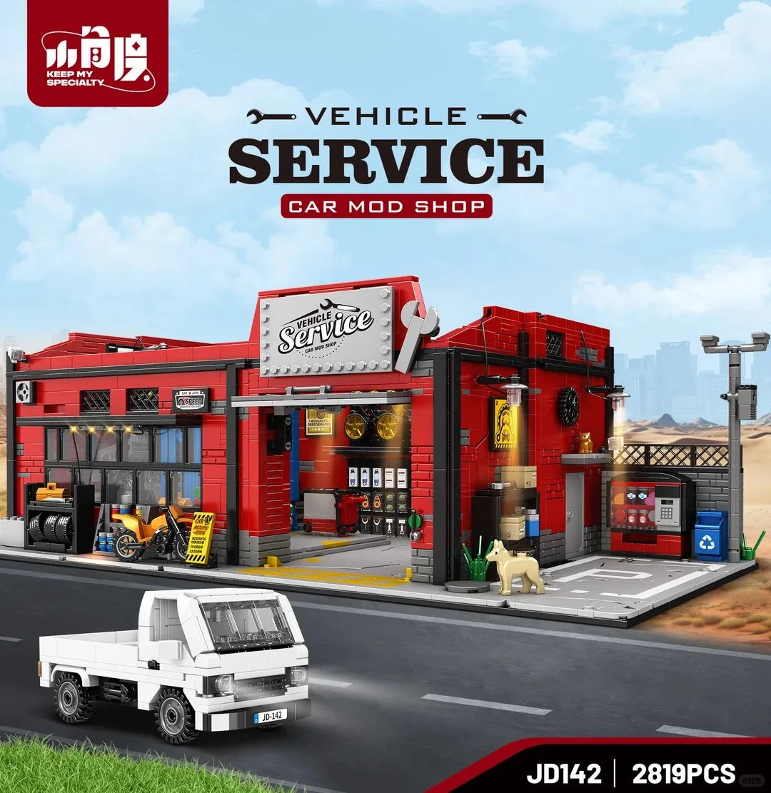 2819PCS Vehicle Service Car Mod Shop Building Blocks Set Retro Garage Street View Construction Bricks Model Kit with Truck and Dog Details DIY Assembly Toys for Adults Ideal Birthday Holiday Gift Home Office Decoration Orname