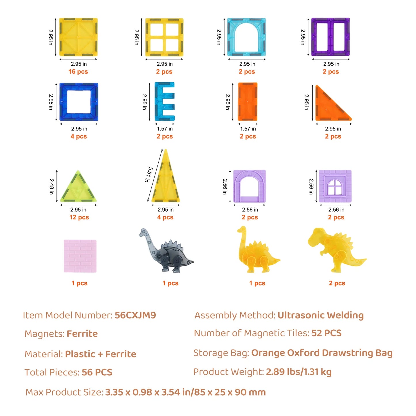 56PCS Magnetic Tiles Magnet Building Blocks with 4 Dinosaurs Construction Stacking Stem Educational Toys for Kids