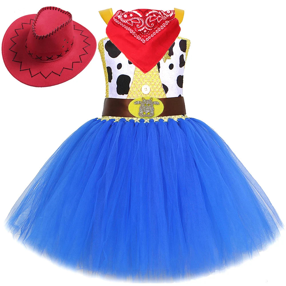 Cowgirl Toy Woody Dresses for Girls Jessie Princess Costumes Kids Christmas Halloween Outfits Fancy Tutus with Cowboy Hat Scarf