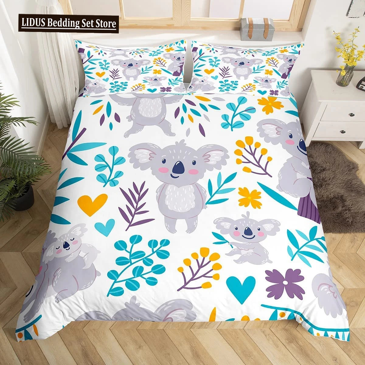 Koala Duvet Cover Set Children Cute Animal Print Bedding Set,Boys Girls Rainbow Butterfly Comforter Cover Floral Flowers Bed Set