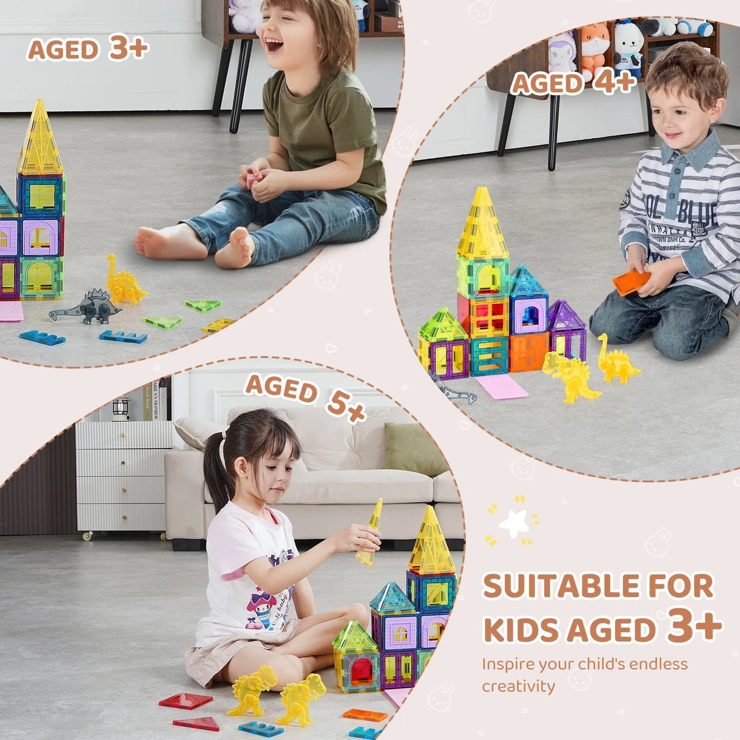 56PCS Magnetic Tiles Magnet Building Blocks with 4 Dinosaurs Construction Stacking Stem Educational Toys for Kids