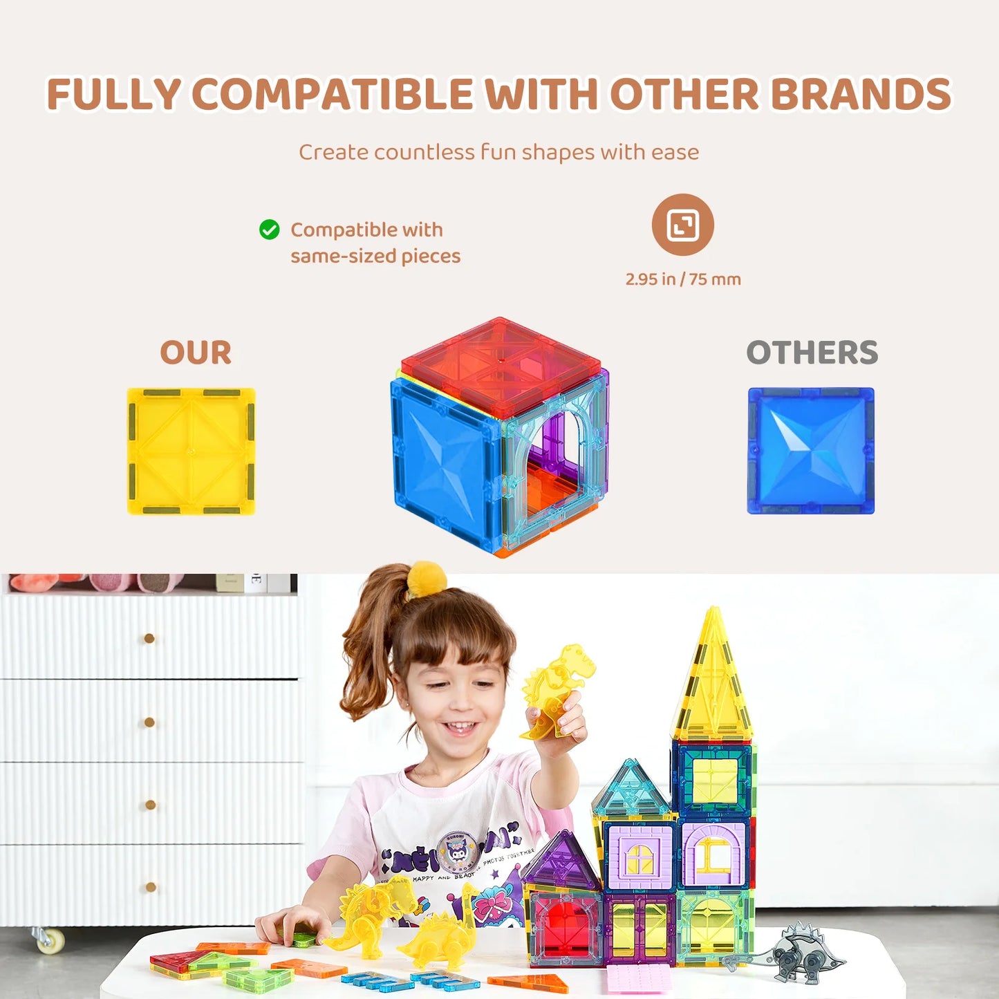 56PCS Magnetic Tiles Magnet Building Blocks with 4 Dinosaurs Construction Stacking Stem Educational Toys for Kids