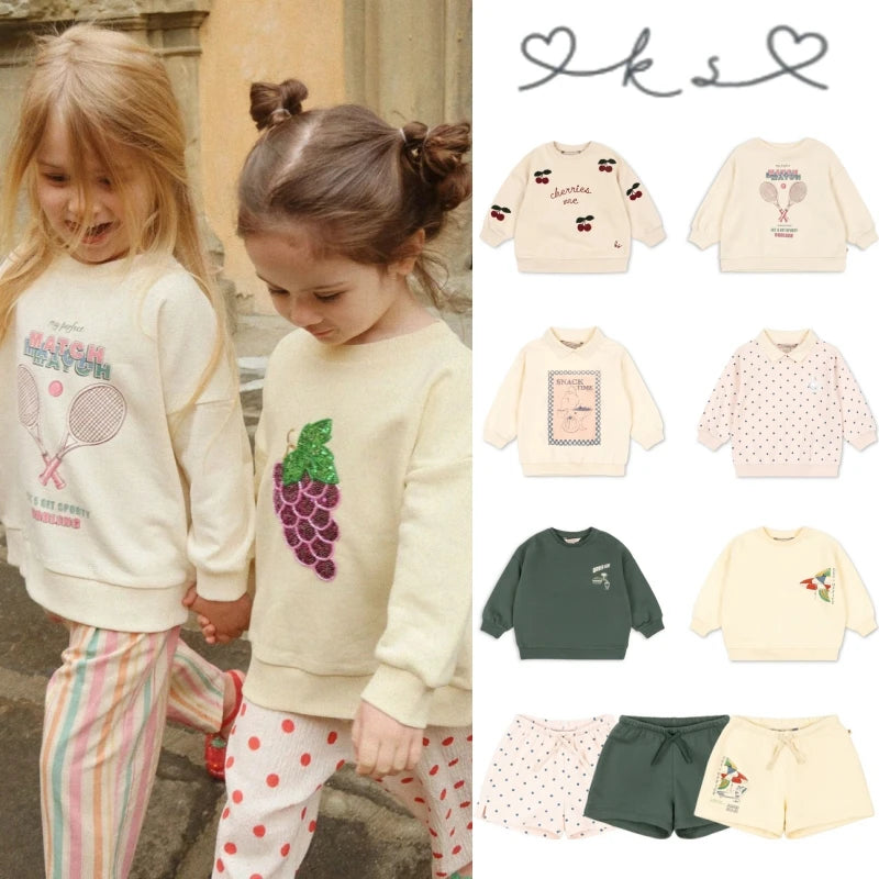2026 KS Autumn Baby Boys Cherry Sweatshirts Pullovers Shorts Sets Kids Clothes Baby Girls Cotton Sweatshirts Hoodies Outfit Set