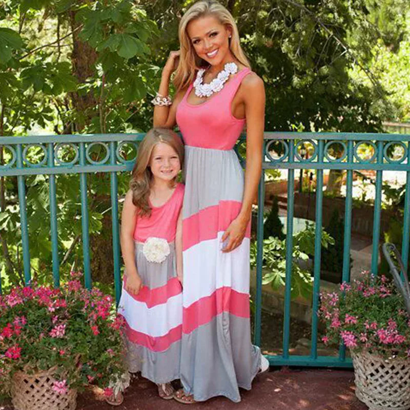 Beach Mother Daughter Dress Children's Clothing Vestidos Boho Long Dress Women Family Matching Outfits Girls Dresses Kids Summer
