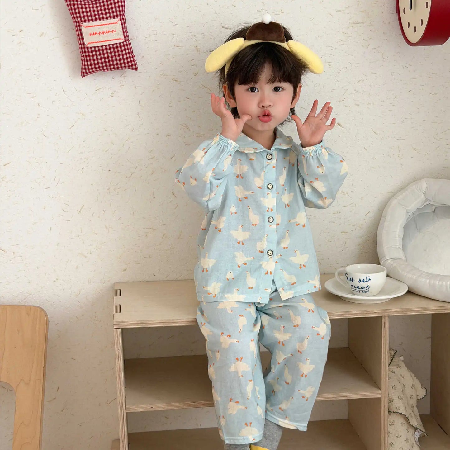 Boys Girls Cute Cartoon Print Pajamas Homewear Long Sleeve Lapel Sleepwear Kids Spring Summer Casual Clothing Sets Pyjamas