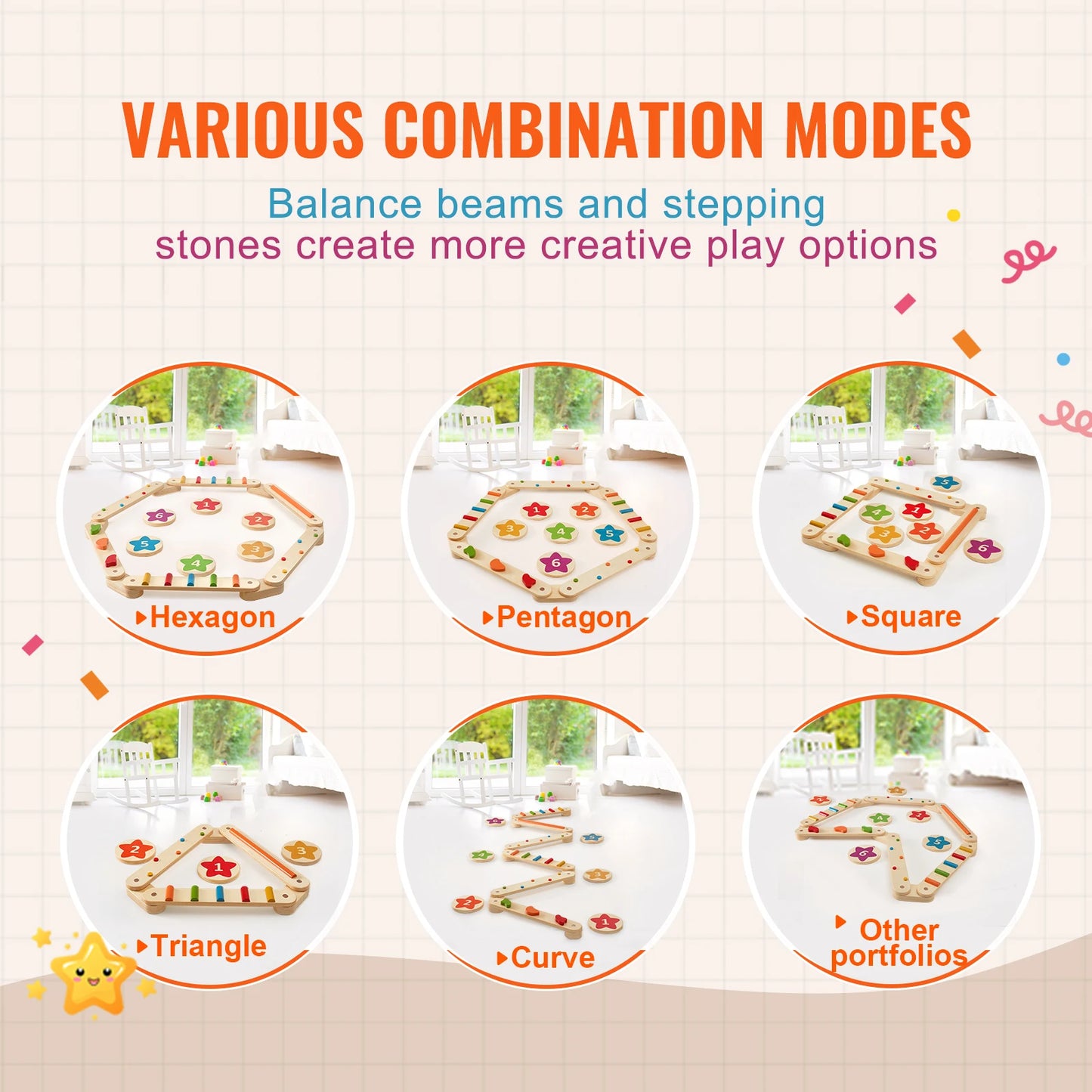 6 PCS Balance Beam Stepping Stones Indoor Outdoor Wooden Toddler Balance Boards for Kids 2-6 Children Montessori Toy