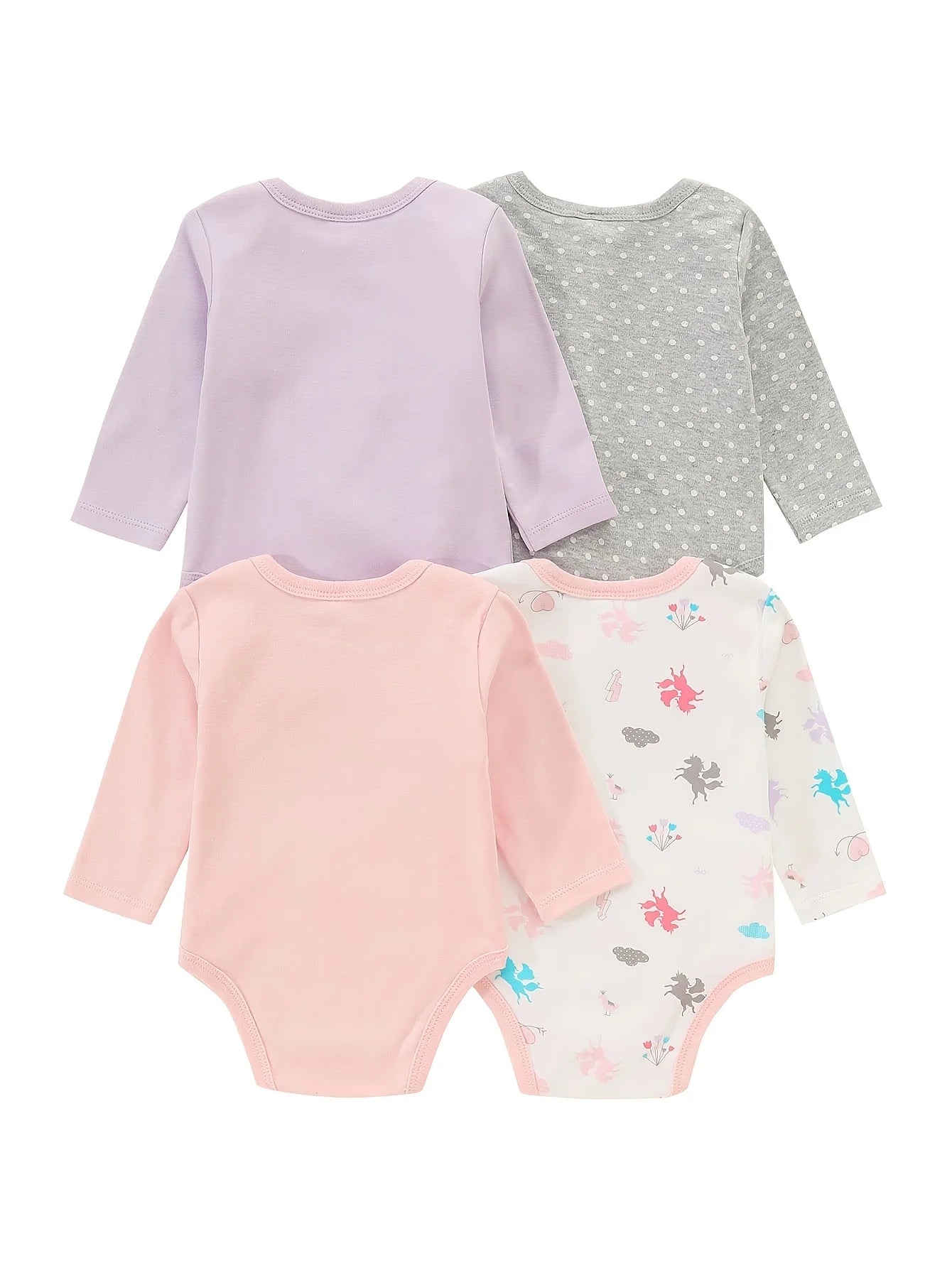4pcs Baby Girls Long Sleeve Bodysuits, 100% Cotton Crotch Snap Rompers, Cute Print Outfits, Newborn Hospital Essentials |, Perfect for Outdoor