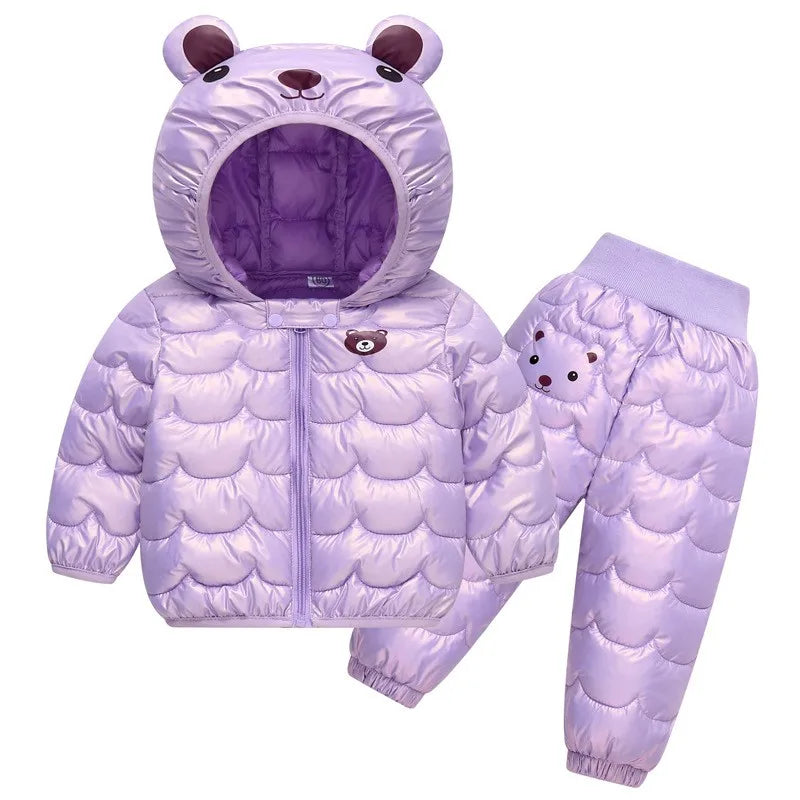 Winter Warm Girls Clothing Set New Baby Boys Cartoon Bear Hooded Waterproof Down Jacket Pants 2Pc Outfits Children Snowsuit Coat