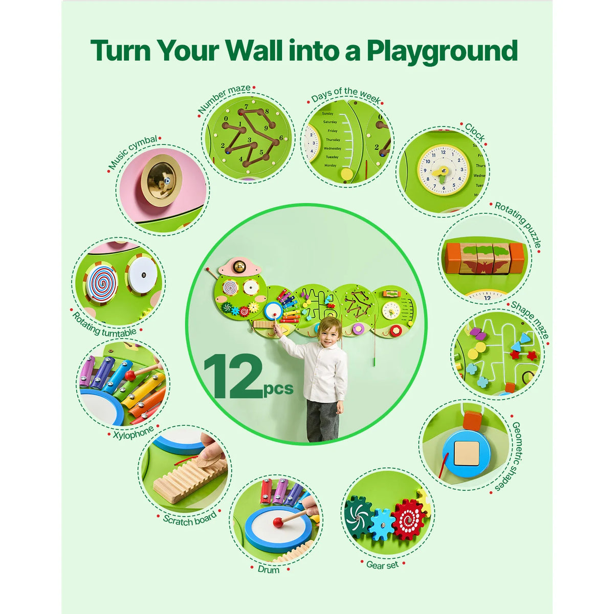 Caterpillar Children Wall Busy Board 12 Activities Montessori Sensory Learning Center for Kids 3-12 Years Playroom Toys