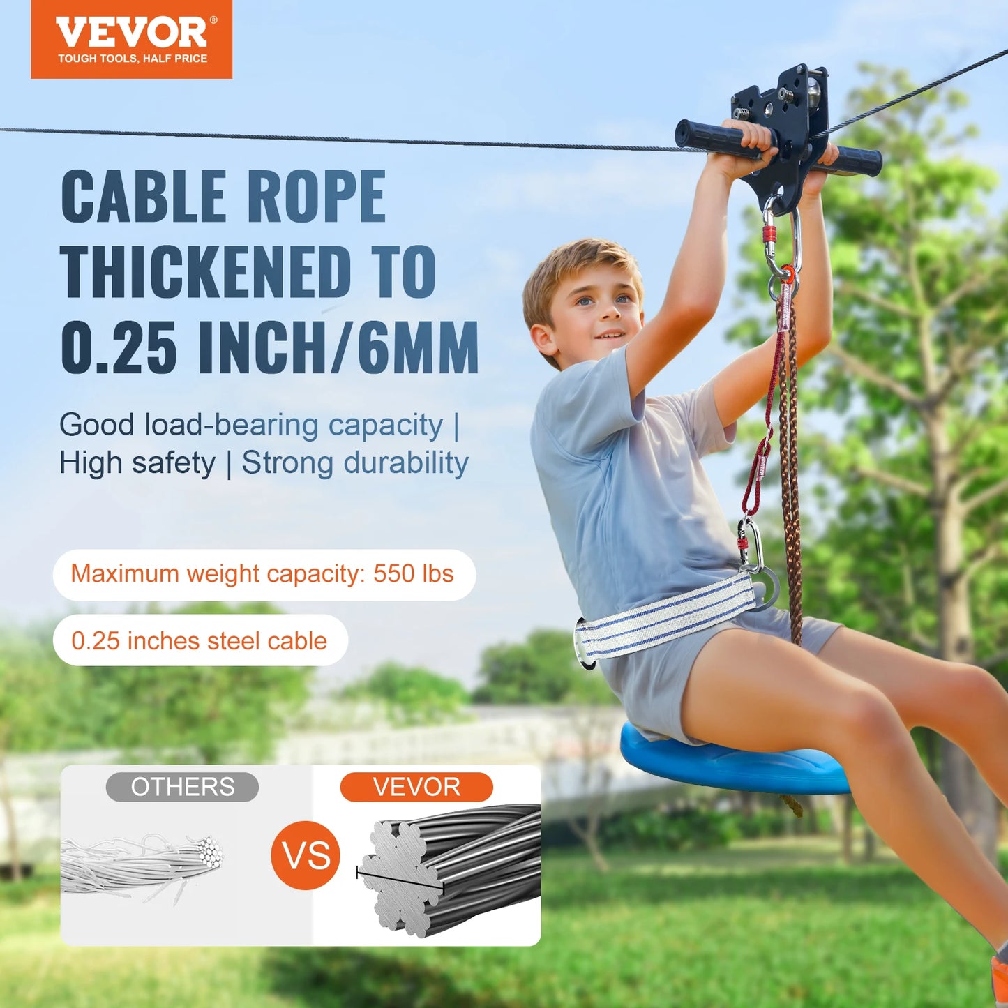 Zipline Kit for Kids Adult 160ft Zip Line Kits Up to 500 lbs with Stainless Steel Zipline Spring Brake Safety Harness