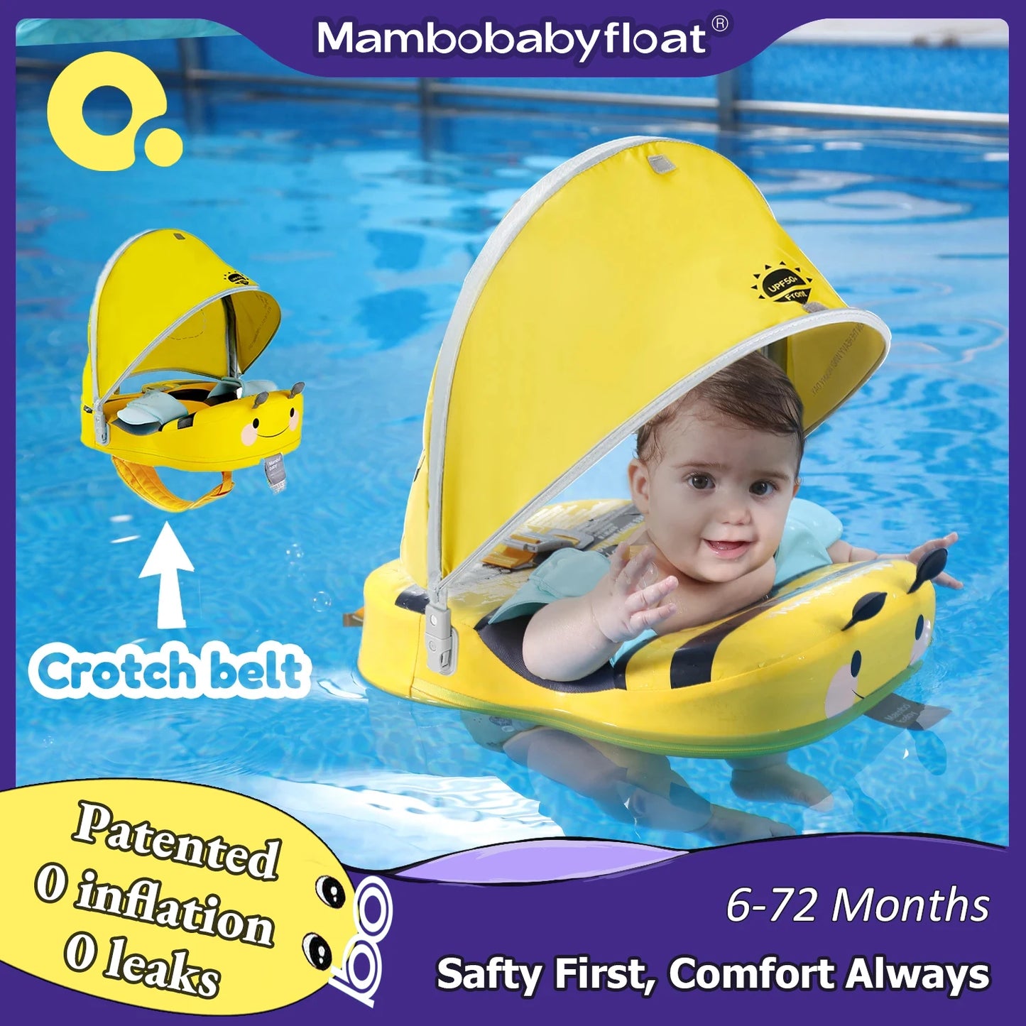 Baby Float With Crotch Strap & Inflation-free Solid Core Mambobaby Kid Swimming Ring Have Sunshade 0-7 Yeas Old Swim Pool Tube