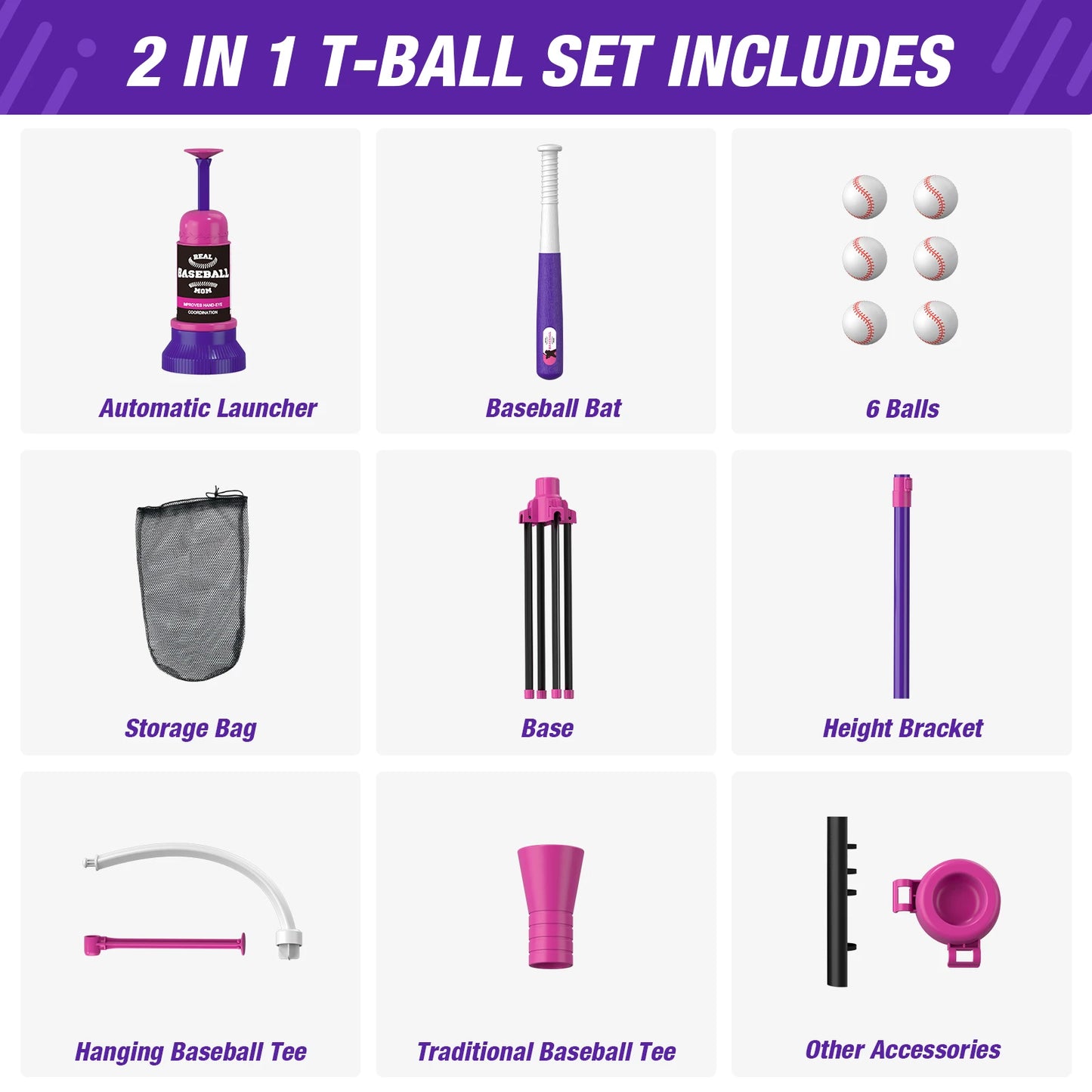 3-in-1 Baseball Set for Kids with Auto Pitching Machine | Tee Ball Stand, Hanging Tee, Ball Launcher and 6 Softballs - Adjustable Height, Indoor/Outdoor Sport Gifts for Boys Girls