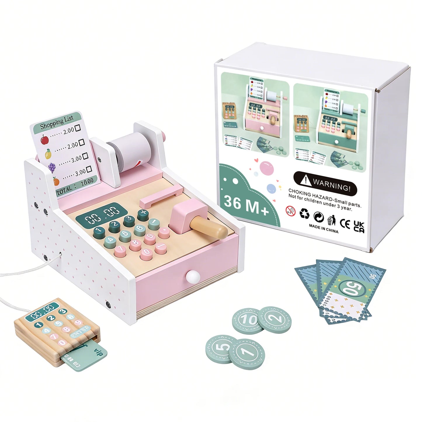 Wooden  Cash Register with Scanner Math Learning Role Play Cashier Game Set for Kids Pink Wooden Store Cash Register