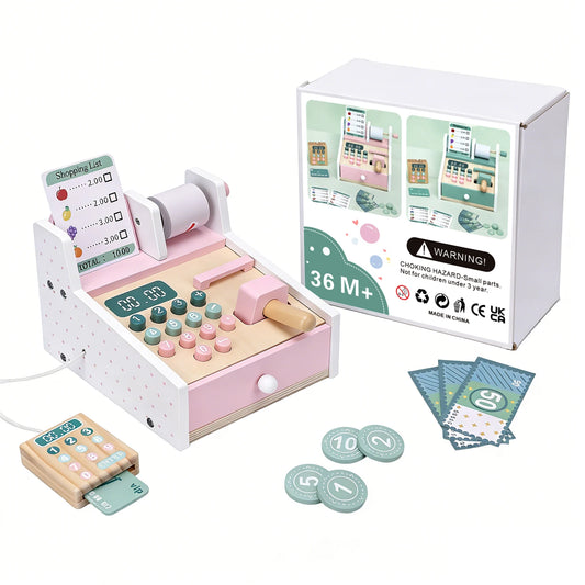 Wooden  Cash Register with Scanner Math Learning Role Play Cashier Game Set for Kids Pink Wooden Store Cash Register