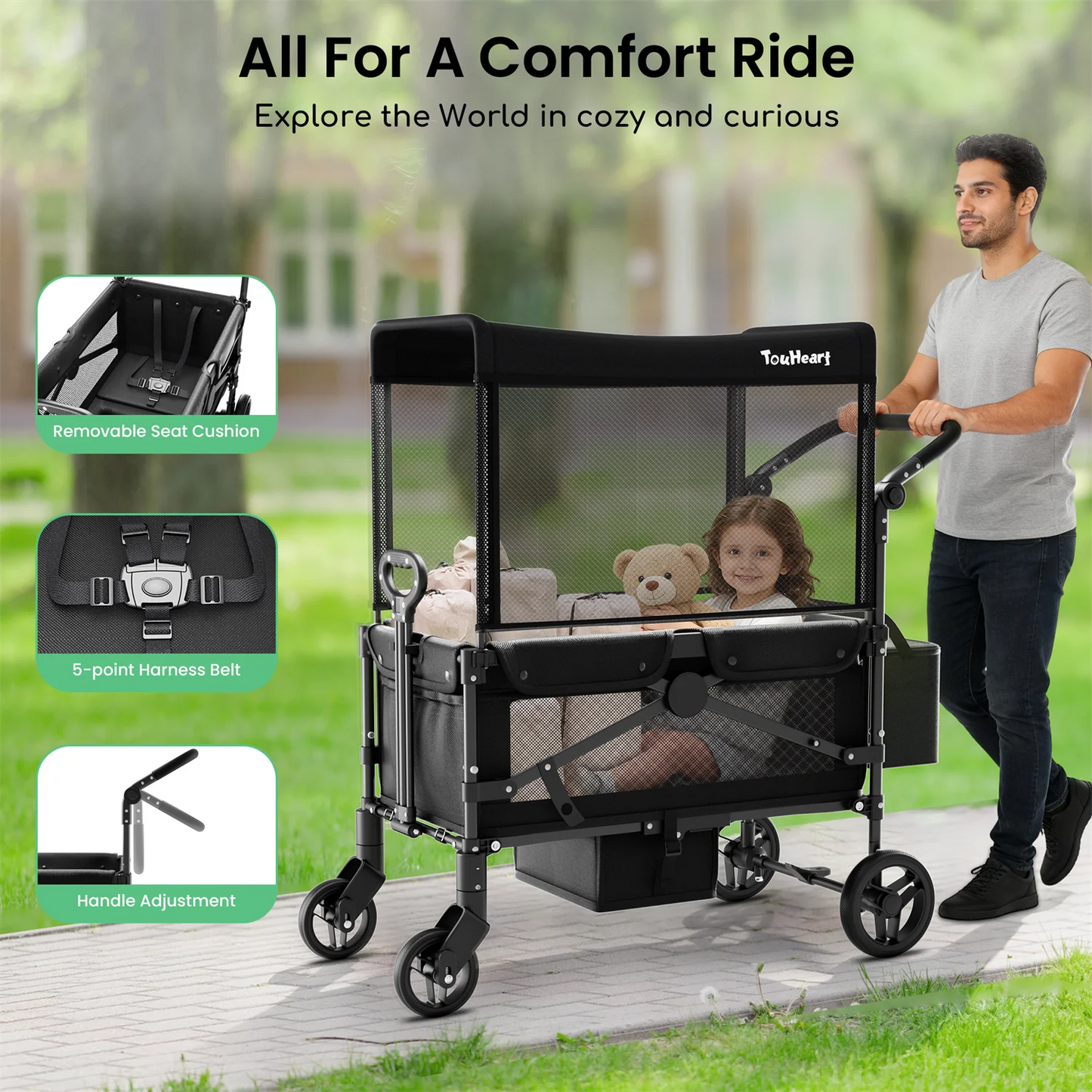 2 Seat Wagon Stroller For 2 Kids, Foldable All-Terrain Wagon for Toddler with Canopy 220 lbs Capacity