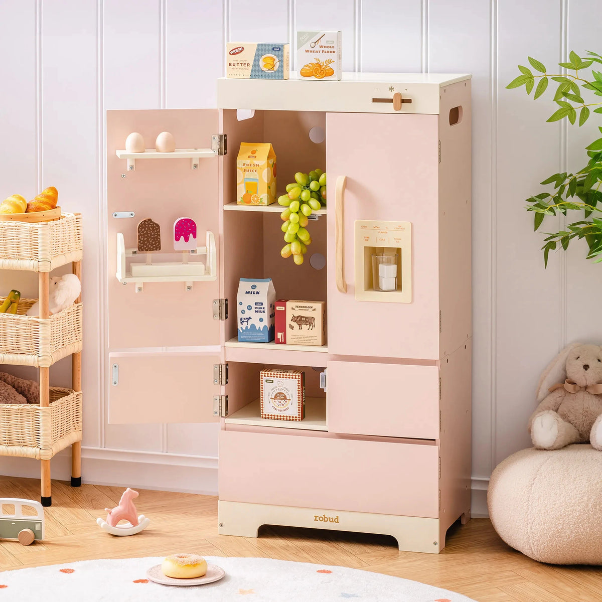 Kids Wooden Pink Play Kitchen All in 1 Corner Set Includes Oven Refrigerator Washer Perfect Birthday Gift for Little Chefs