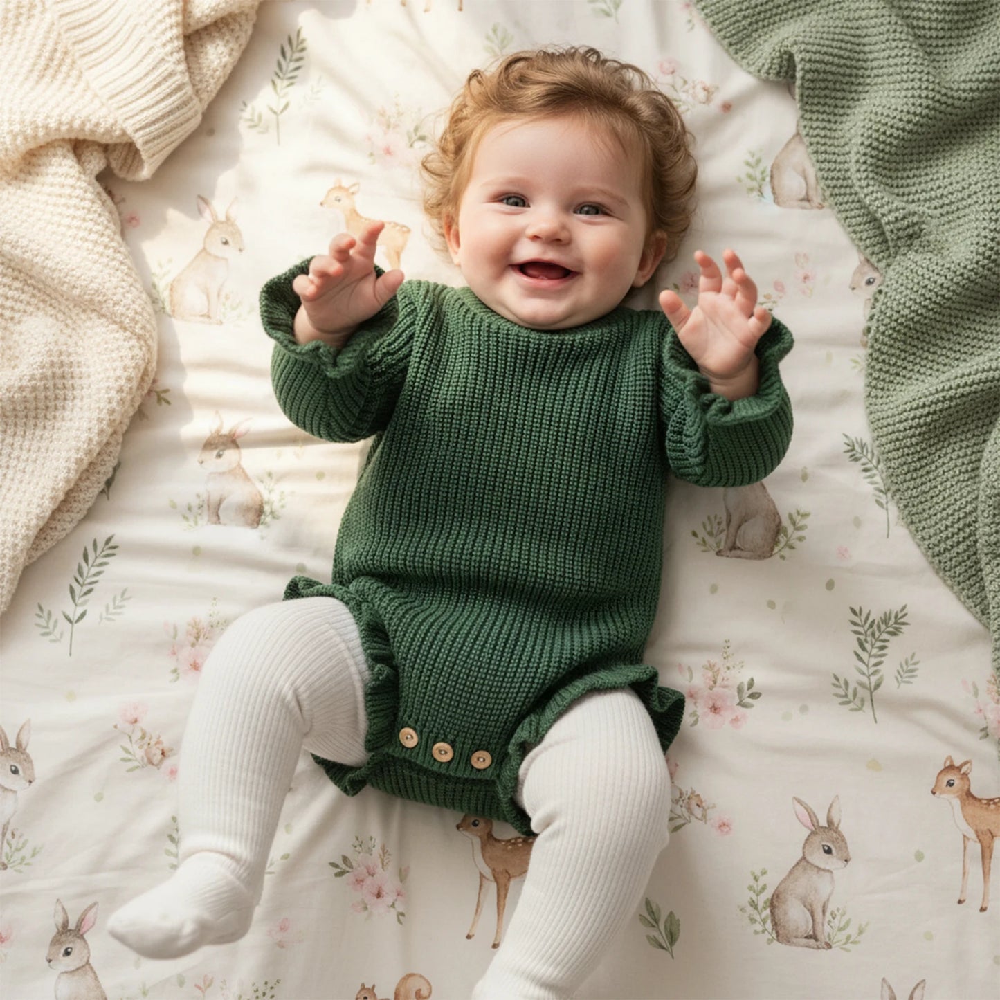 Suefunskry Newborn Baby Fall Winter Knitted Sweater Romper Solid Color Long Sleeve Round Neck Ruffled Sweater Jumpsuit